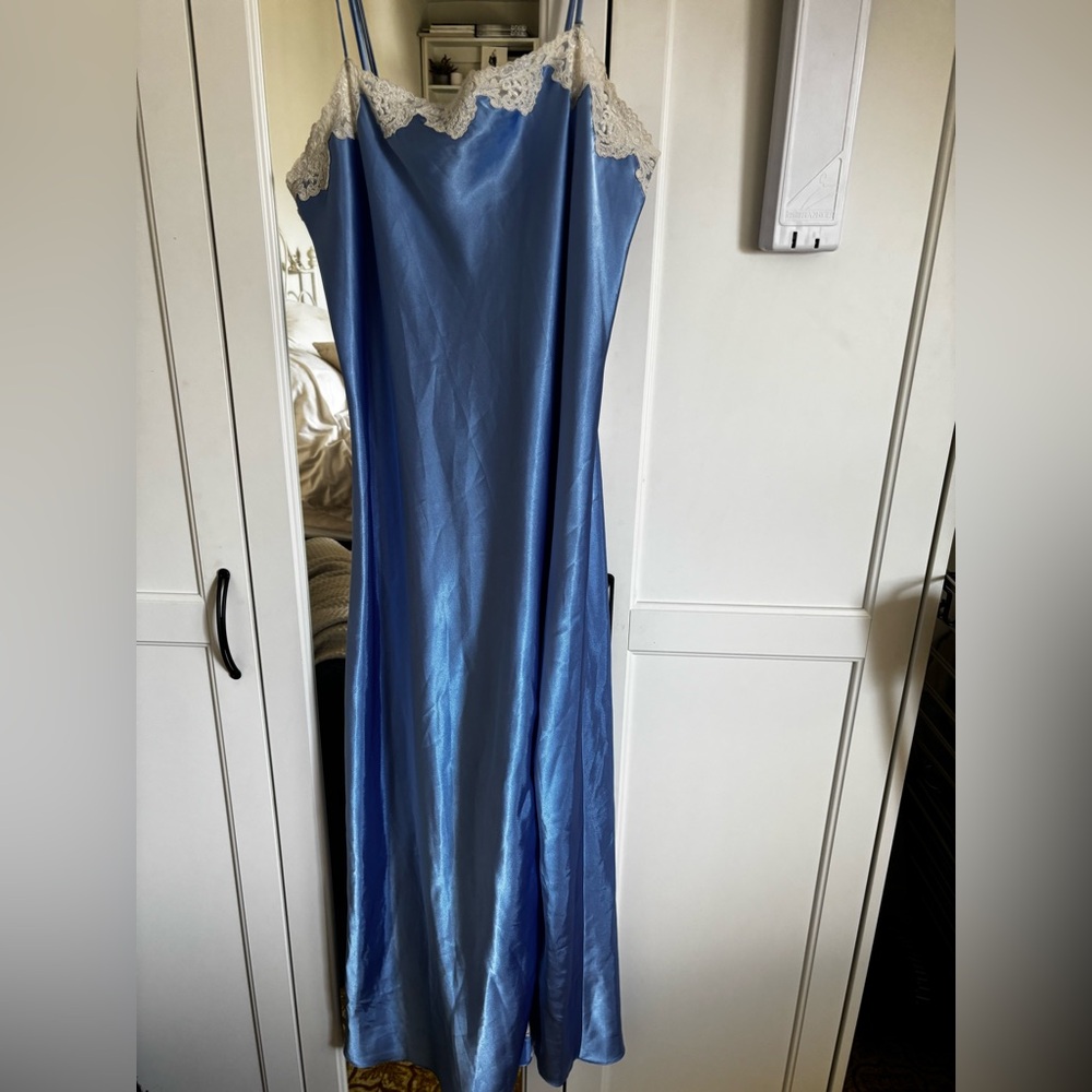 La SENZA Blue Satin Lingerie Nightgown with White Lace